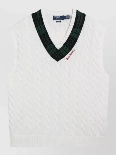 Polo Ralph Lauren Cable Knit Sweater Contrast Collar Detail In Multi
