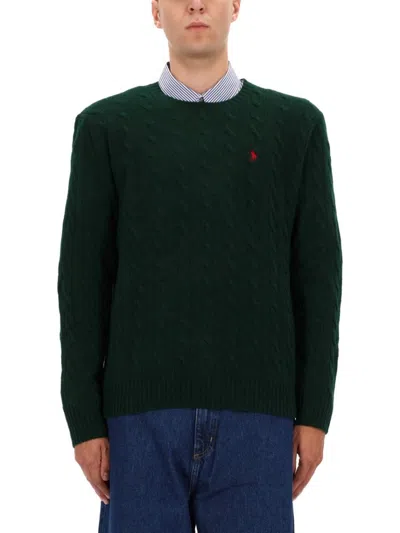 Polo Ralph Lauren Green Cable Knit Crewneck Sweater With Pony Embroidery On The Front In Wool And Cashmere Man