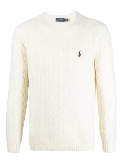 Polo Ralph Lauren White Cable Knit Crewneck Sweater With Pony Embroidery On The Front In Wool And Cashmere Man In Neutral
