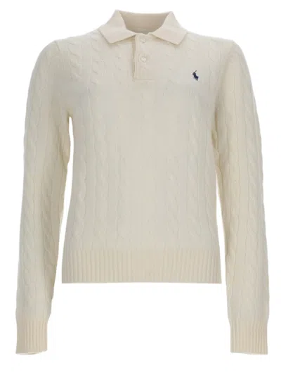 Polo Ralph Lauren Cable Knit Sweater With Polo Collar And Button Placket In White