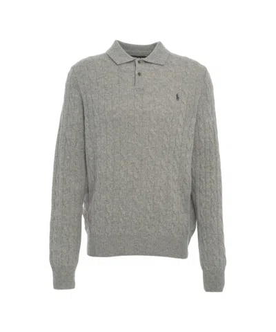 Polo Ralph Lauren Cable Knit Sweater With Polo Neck In Gray