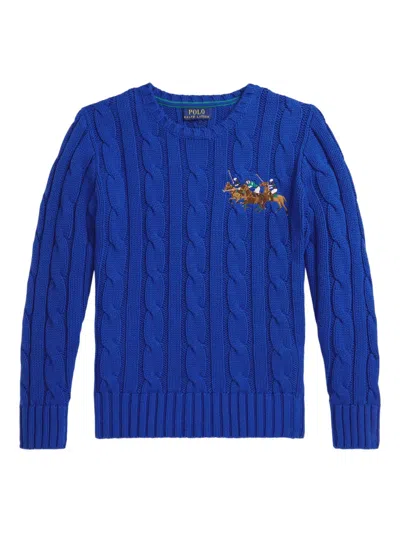 Polo Ralph Lauren Kids' Cable-knit Triple-pony Cotton Sweater In Blue