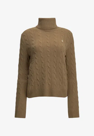 Polo Ralph Lauren Cable Knit Turtleneck Logo Sweater In Camel