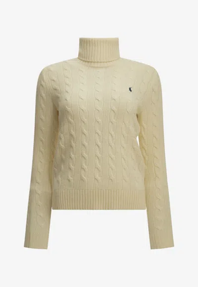Polo Ralph Lauren Cable Knit Turtleneck Logo Sweater In Off-white