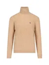 Polo Ralph Lauren Cable Knit Turtleneck Sweater With Embroidered Logo In Burgundy