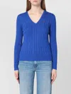 Polo Ralph Lauren Cable Knit V-neck Jumper With Ribbed Cuffs And Hem In Blue