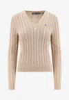 Polo Ralph Lauren Cable Knit V-neck Sweater In Beige