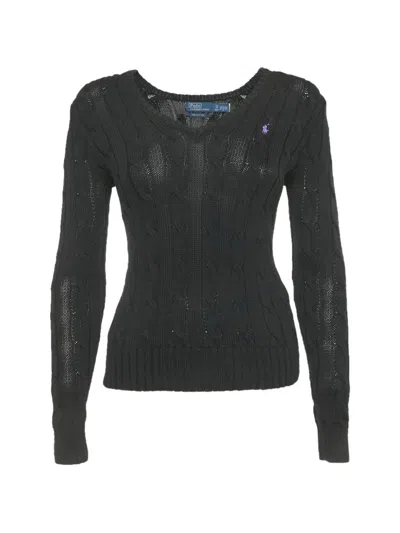 Pre-owned Polo Ralph Lauren Cable-knit V-neck Sweater In Black