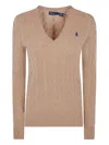 Polo Ralph Lauren Cable Knit Sweater With V-neckline In Brown