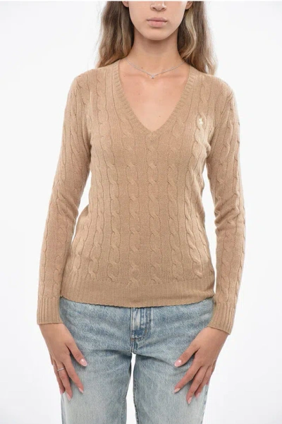 Polo Ralph Lauren Cable Knit V-neck Sweater In Brown