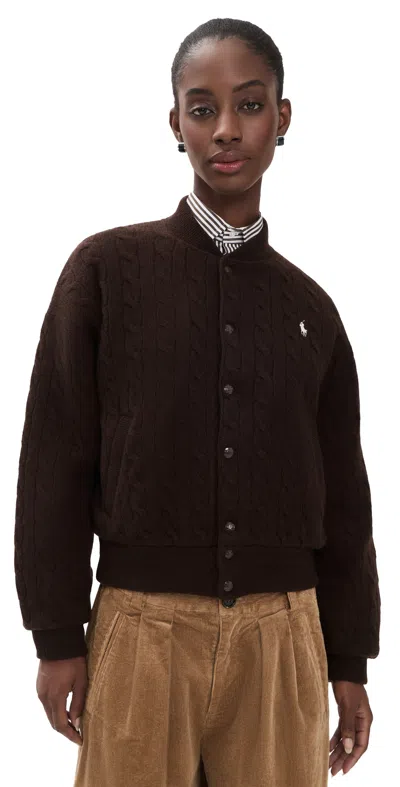 Polo Ralph Lauren Cable Knit Wool Cashmere Bomber Jacket Walnut Brown Melange
