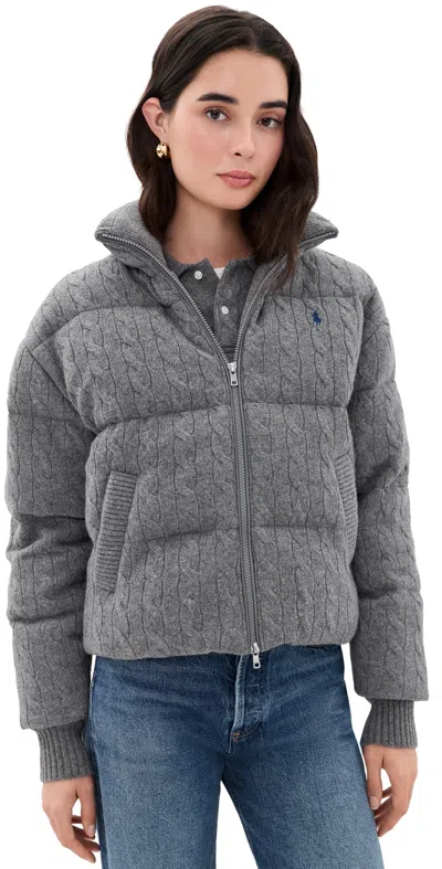 Polo Ralph Lauren Cable Knit Wool Cashmere Puffer Jacket Flannel Grey Heather In Gray