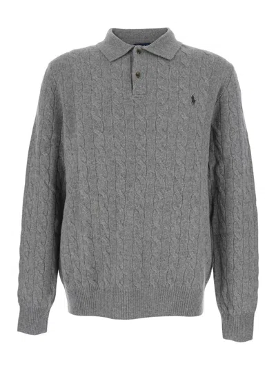 POLO RALPH LAUREN GREY SWEATER WITH POLO SHIRT STYLE COLLAR AND PONY EMBROIDERY ON THE FRONT IN WOOL AND CASHMERE MAN