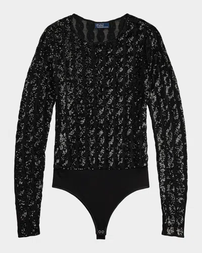 Polo Ralph Lauren Cable Sequined Mesh Bodysuit In Black
