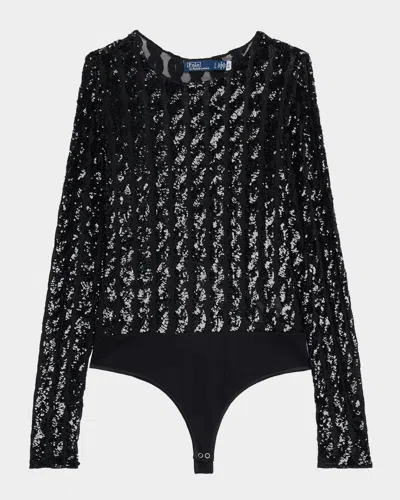 Polo Ralph Lauren Cable Sequined Mesh Bodysuit In Black