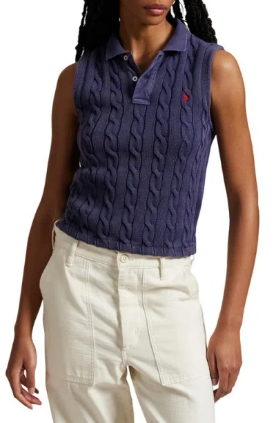 Polo Ralph Lauren Cable Sleeveless Cotton Polo Sweater In Newport Navy