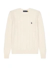 Polo Ralph Lauren White Cable-knit Crewneck Sweater With Front Contrasting Logo Embroidery In Wool And Cashmere In Andover Cream