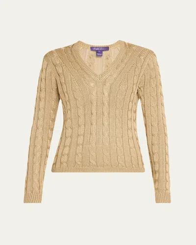 Polo Ralph Lauren Cable V-neck Silk Sweater In Tan