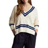 Polo Ralph Lauren Cabled Cotton Cricket Sweater In Cream W/navy Stripe