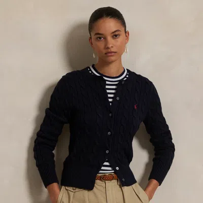 Polo Ralph Lauren Cable-knit Cotton Crewneck Cardigan In Hunter Navy In Blue
