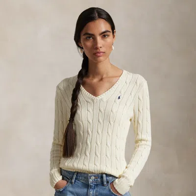 Polo Ralph Lauren Cable-knit Cotton V-neck Sweater In Cream In White