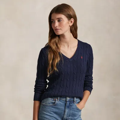Polo Ralph Lauren Cable-knit Cotton V-neck Sweater In Hunter Navy In Blue