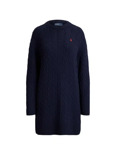 Polo Ralph Lauren Cable-knit Embroidered-logo Mini Dress In Blue