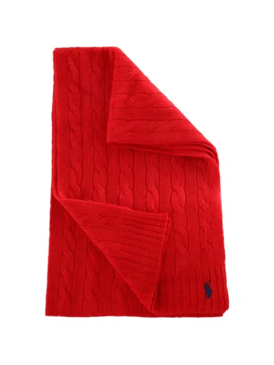 Polo Ralph Lauren Cable-knit Embroidered-logo Scarf In Red