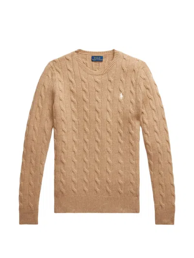 Polo Ralph Lauren Cable-knit Embroidered-logo Sweater In Brown