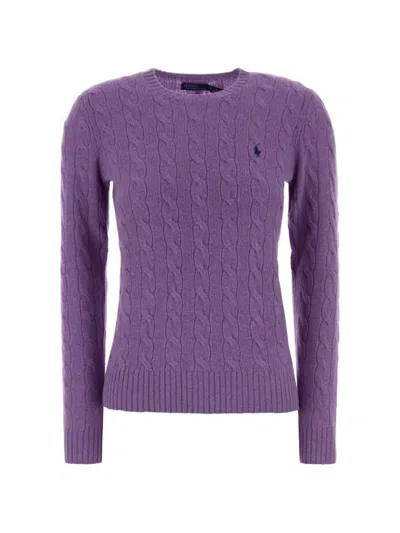 Polo Ralph Lauren Cable-knit Embroidered-logo Sweater In Purple