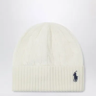 Polo Ralph Lauren Cable-knit Logo Beanie In Cream Wool And Cashmere In Beige