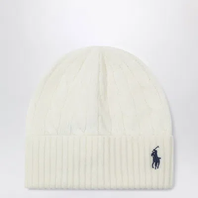 Polo Ralph Lauren Cableknit Logo Beanie In Cream Wool And Cashmere In Neutral