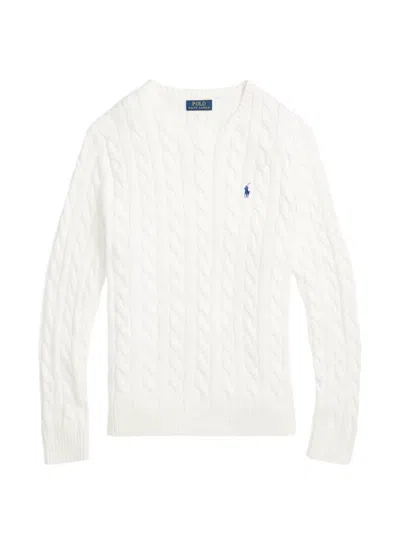 Polo Ralph Lauren Crewneck Jumper In Wool And Cashmere With Embroidered Pony Logo In White