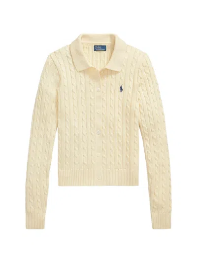 Polo Ralph Lauren Rib-knit Polo Collar Sweater With Two-button Placket And Embroidered Pony In Neutral