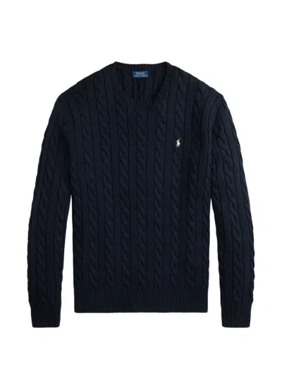 Polo Ralph Lauren Cotton Sweater Cable Knit Ribbed Trims In Black