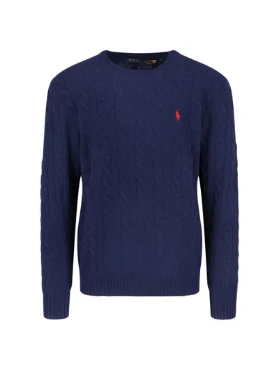 Polo Ralph Lauren Cable-knit Sweater With Embroidered Logo And Ribbed Finishes In Blue