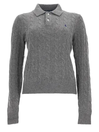 Polo Ralph Lauren Cable-knit Sweater With Polo Collar And Textured Details In Grey
