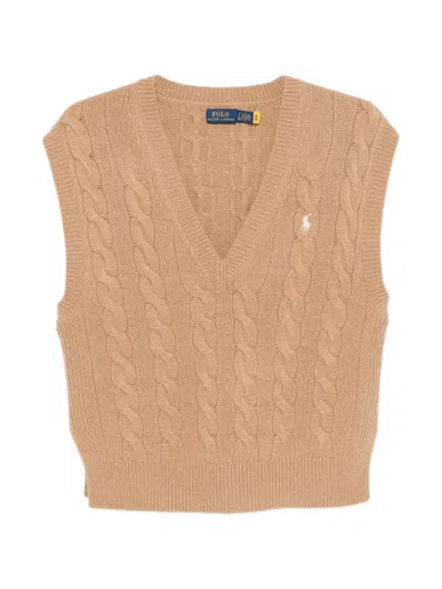 Polo Ralph Lauren Cable-knit V-neck Sleeveless Sweater In Nude