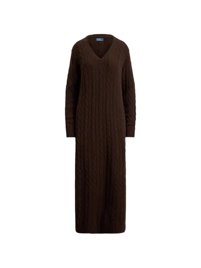 Polo Ralph Lauren Cable-knit V-neck Sweater Maxi Dress In Brown