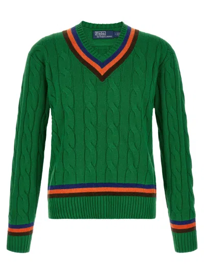 Polo Ralph Lauren Cable-knit V-neck With Striped Trim Sweater In Green