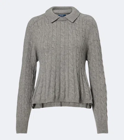 Polo Ralph Lauren Cable-knit Wool And Cashmere-blend Peplum Sweater In Gray