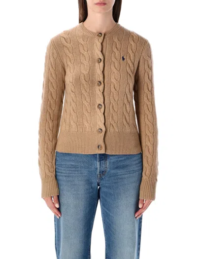 Polo Ralph Lauren Cable-knit Wool Cashmere Cardigan With Grosgrain-trimmed Button Placket In Collection Camel