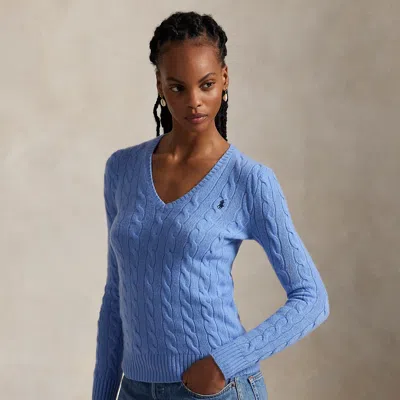 Polo Ralph Lauren Cable-knit Wool-cashmere V-neck Sweater In New Litchfield Blue