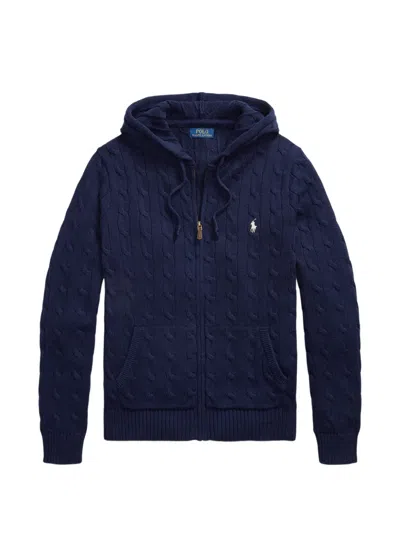 Polo Ralph Lauren Cable-knit Zip-up Hooded Cardigan In Blue