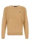 Polo Ralph Lauren Beige Cable Knit Crewneck Sweater With Pony Embroidery On The Front In Wool And Cashmere Man In Brown