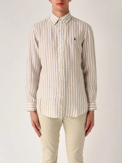 Polo Ralph Lauren Camicia In Lino A Righe M/l Custom Fit Shirt In Beige-bianco