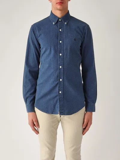 Polo Ralph Lauren Camicia In Seersucker Custom-fit Shirt In Blu Indigo
