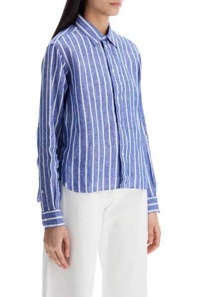Polo Ralph Lauren Camicia Lino Righe Blu E Bianca Manica Lunga Regular In Multi