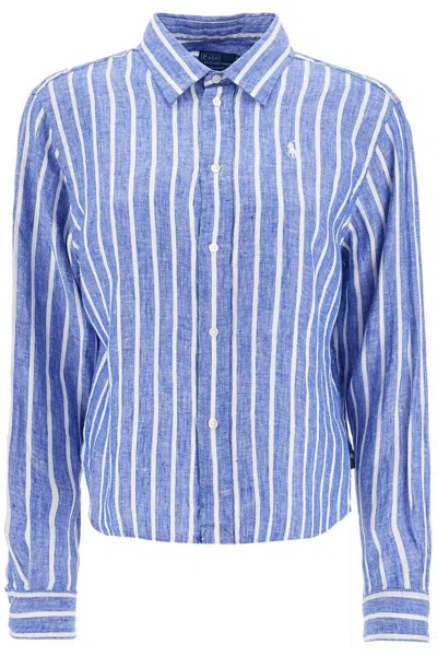 Polo Ralph Lauren Camicia Lino Righe Blu E Bianca Manica Lunga Regular In Blue