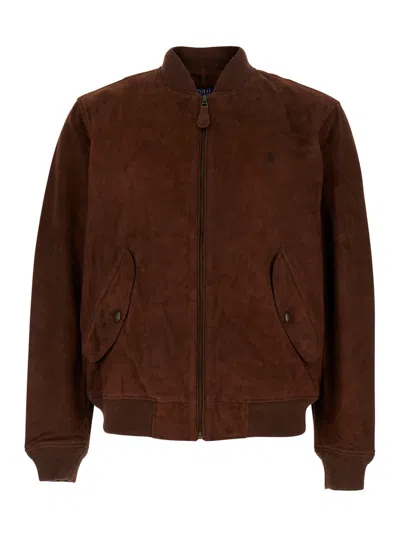 Polo Ralph Lauren Brown Bomber Jacket With Pony Embroidery On The Front In Suede Man